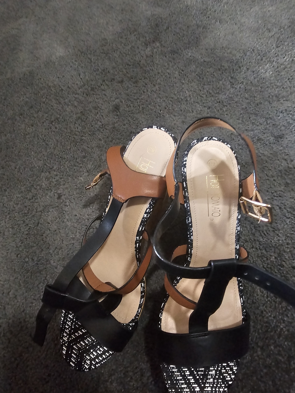 Hot Tomato Black and Tan T-Strap Sandals with Patterned Toe